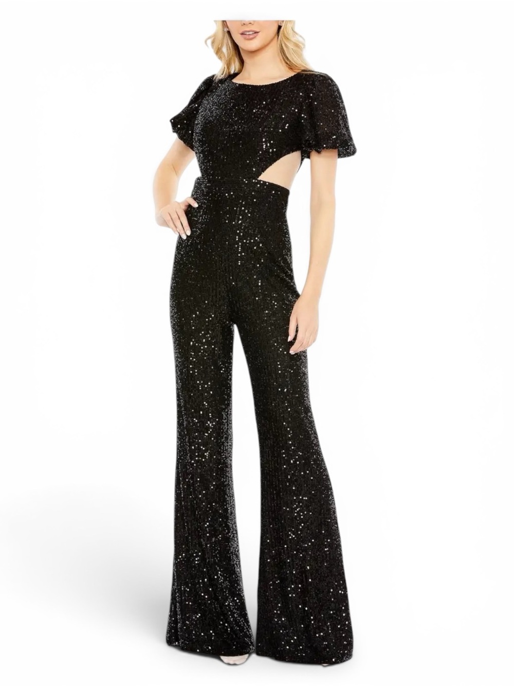 Ieena for Mac Duggal 11273 Black Sequin Wide Leg Jumpsuit Gown Size 6 NWT